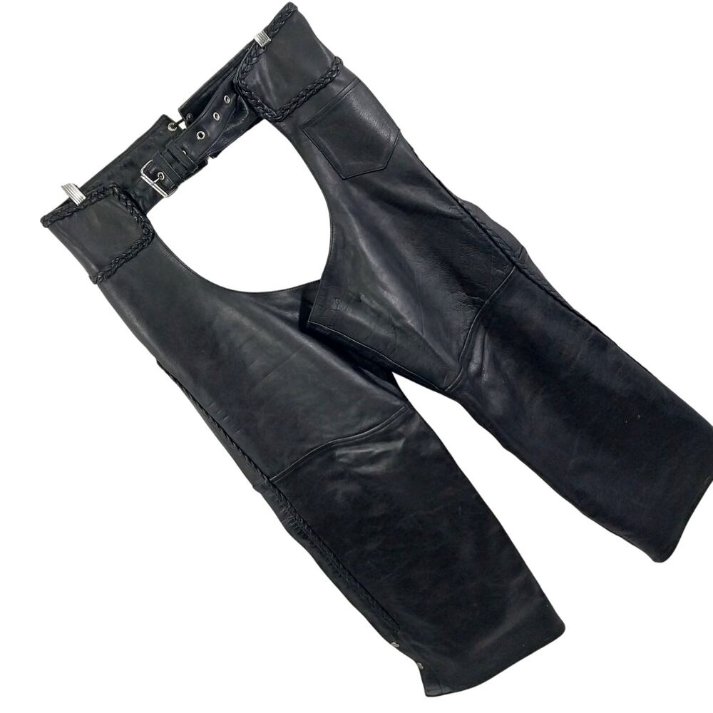 UNIIK LEATHER! BLACK GENUINE LEATHER, HEAVY DUTY BRAIDED DETAIL CHAPS! SZ 3XL